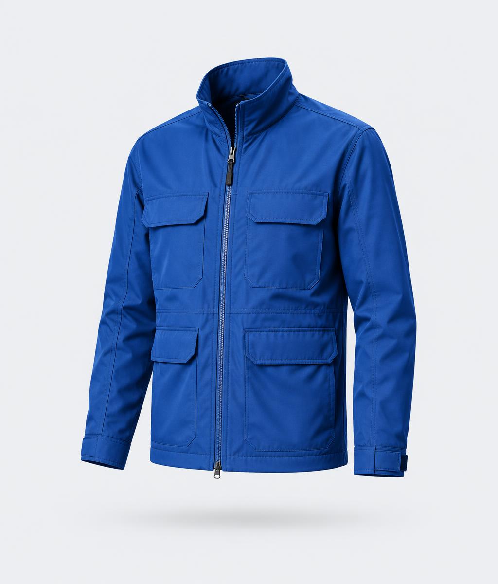 Blue utility jacket representing an apparel style in production